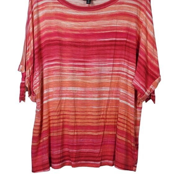 Ellen Tracy Pullover Top Pink 1X Round Neck Open Short Sleeve Ties On Striped - Picture 3 of 8